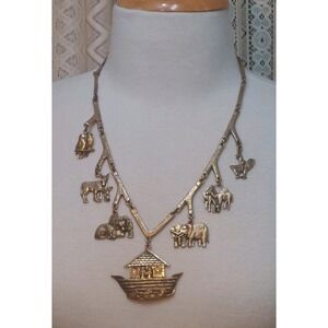 Necklace Jeep Collins Noah's Ark Brass Animal Charm Statement Vintage Bible God